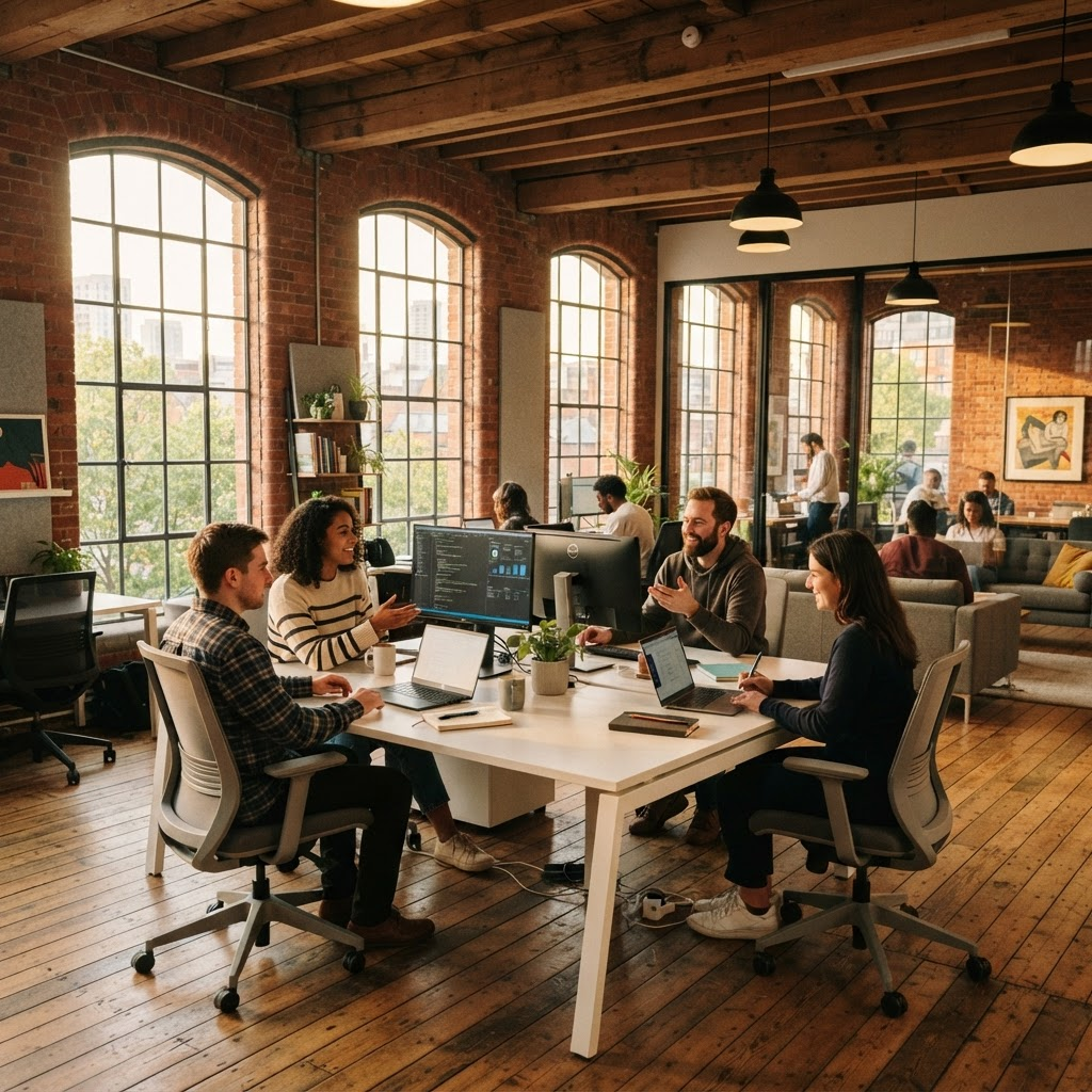 Interior of the Burnside mill — exposed brick, arched windows, modern workstations